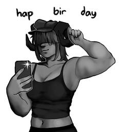 Birthday drawing of a muscled woman with ram horns